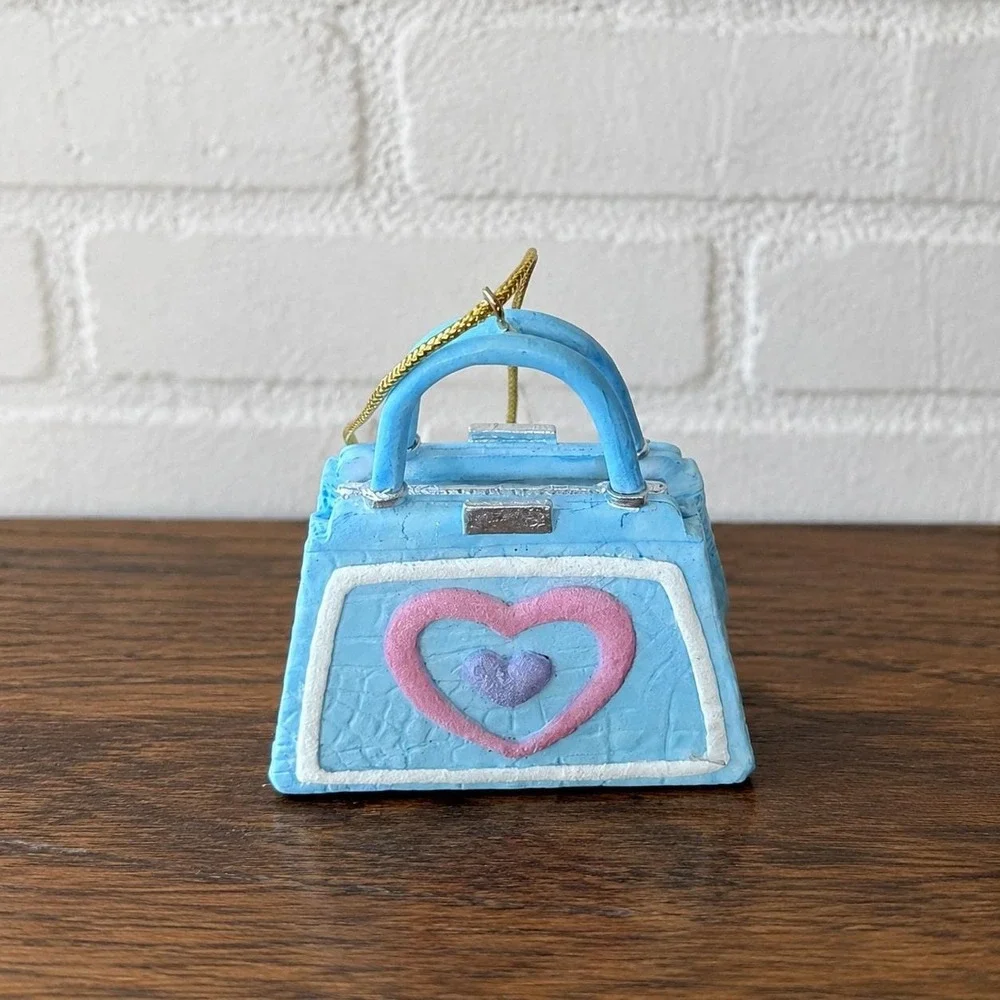 Vintage AGC Resin Mini Purse Ornament Blue Heart Handbag 90s Kitsch Decor